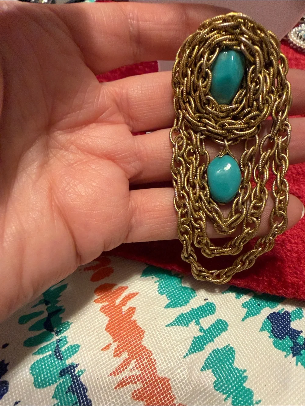 Vintage Gold Chain and Turquoise Glass Stone brooch with Matching clip  Earrings
